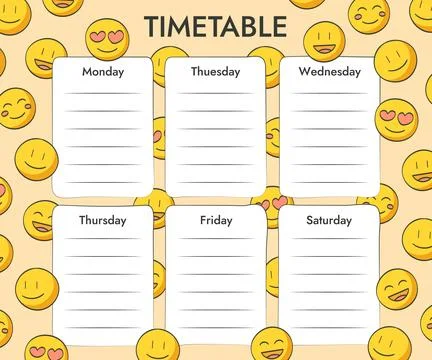 Weekly class schedule template for study or work with yellow smiling emoji... Stock Illustration