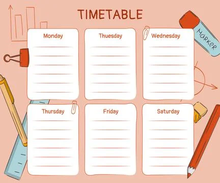 Weekly class timetable template for study or work with subjects for study - Stock Illustration
