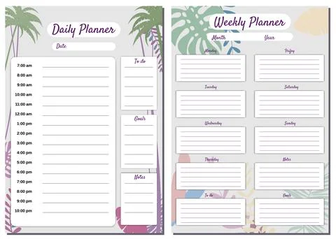 Weekly, Daily Planner Set template vector. Palms floral decoration background Illustrazione stock