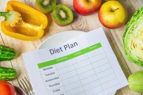 Weekly diet plan. The concept of proper nutrition. Selective focus. Stock Photos