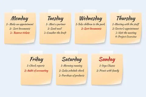 Weekly job plan on sticky notes, ugent work event paper memo vector set Illustrazione stock