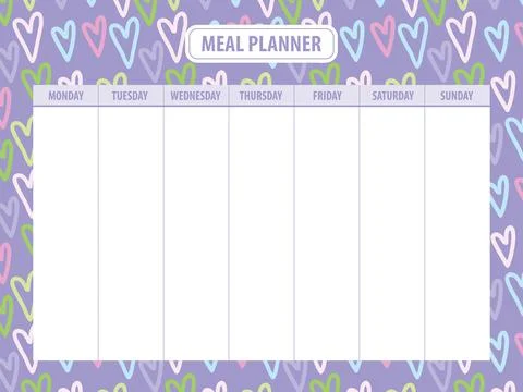 Weekly meal planner blank template with colorful heart background Stock Illustration