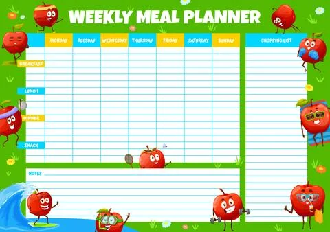 Weekly meal planner with happy apple characters Stock Illustration