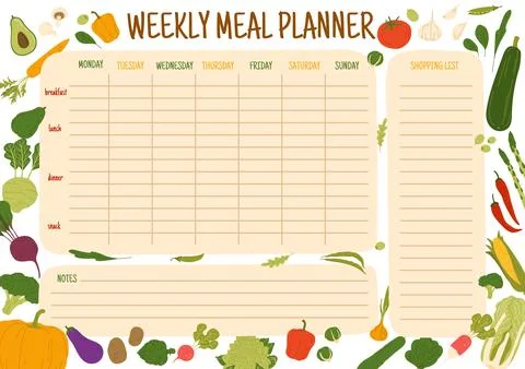 Weekly meal schedule with harvest raw vegetables Illustrazione stock