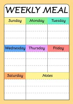 Weekly menu A4 planner template. Meal schedule Stock Illustration