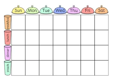 Weekly menu planner template. Meal schedule blank Stock Illustration