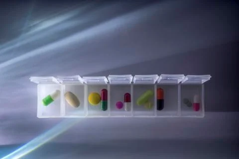 Weekly pillbox with medication, conceptual image, horizontal composition Stock Photos