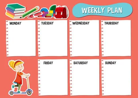 Weekly Plan with Student Cartoon Characters Stock Illustration