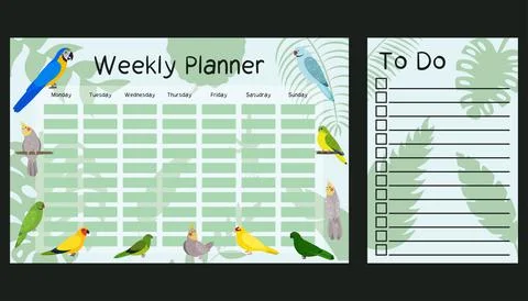 Weekly planner and To do list template with parrots in cute cartoon style Stock Illustration