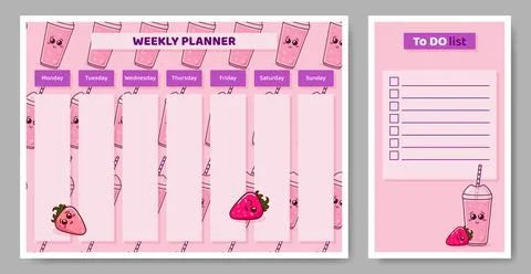 Weekly planner and To Do list for kids with strawberries. Illustrazione stock