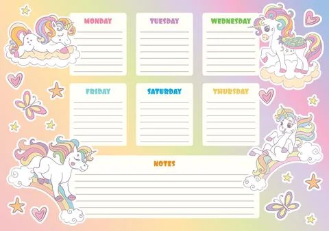Weekly planner and school schedule with unicorns vector Stock Illustration