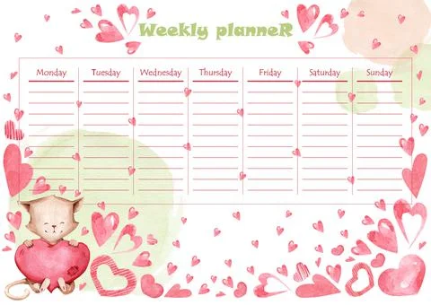 Weekly planner with a cat and pink hearts in a watercolor style. Suitable for Stock Illustration