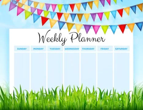Weekly planner with colorful flags and green grass background. Vector illustr Stock Illustration