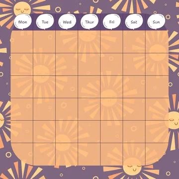 Weekly planner with cute cartoon sun pattern. Vector illustration Stock Illustration