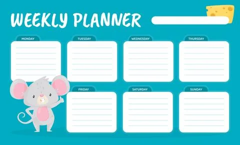 Weekly Planner with Cute Mouse as Funny Little Animal Vector Template Stock Illustration