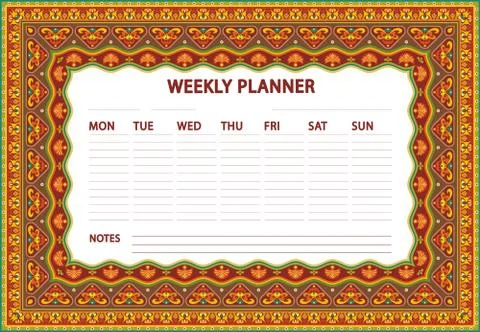 Weekly Planner design. Vector ornamental frame 스톡 일러스트
