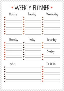 Weekly planner for  for diary, notebook. Printable A4 planner vector illustra Stock Illustration