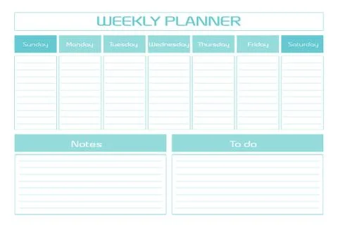 Weekly planner diary turquoise template. seven days personal schedule in a Stock Illustration