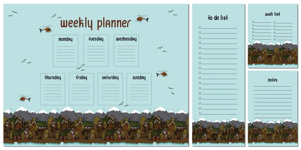 Weekly planner, To do list, Notes, Wish list with wooden houses, mountains an Stock Illustration