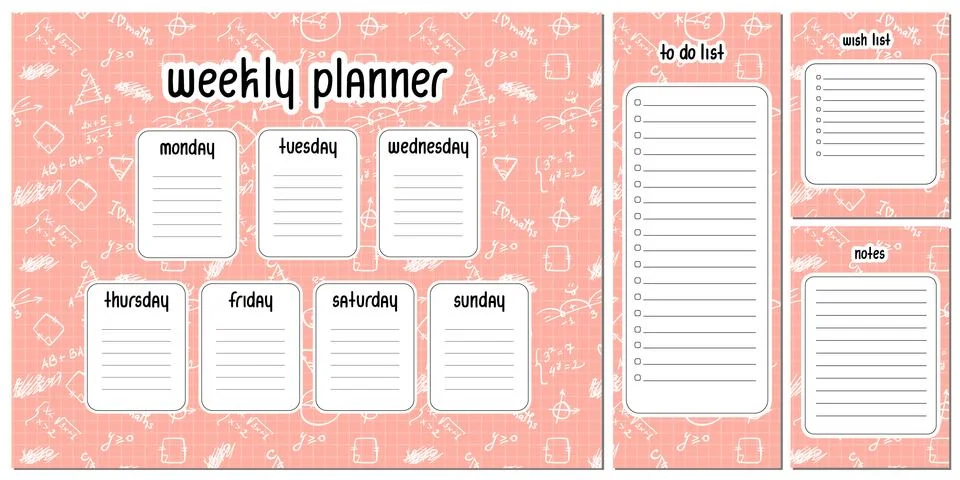 Weekly planner, To do list, Notes, Wish list on pink and white mathematical p Illustrazione stock