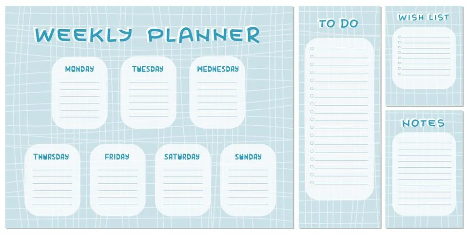 Weekly planner, To do list, Notes, Wish list on blue and white squared patter Stock Illustration