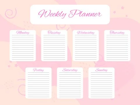 Weekly planner doodle elements on pink background. Schedule design template.. Stock Illustration