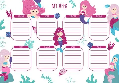 Weekly planner with elements of the underwater world. Vector, cartoon Stock Illustration