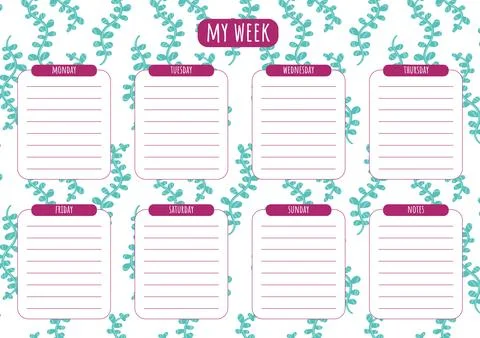 Weekly planner with elements of the underwater world. Vector, cartoon Stock Illustration