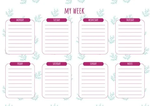 Weekly planner with elements of the underwater world. Vector, cartoon Stock Illustration