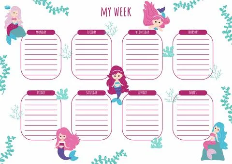 Weekly planner with elements of the underwater world. Vector, cartoon Stock Illustration