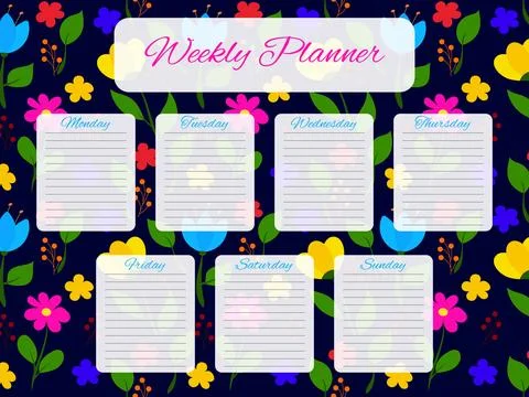 Weekly planner with floral pattern. Schedule design template. To do list for Stock Illustration