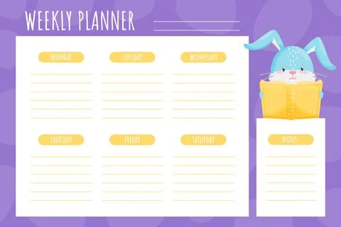 Weekly Planner with Funny Cartoon Rabbit Vector Template Stock Illustration