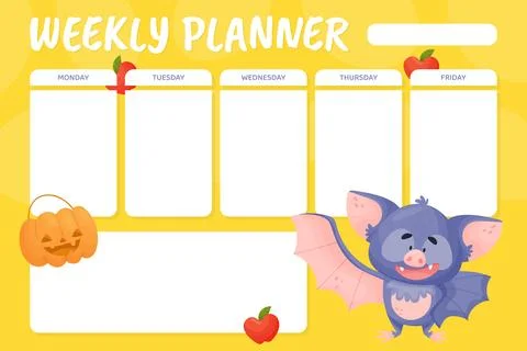 Weekly Planner with Funny Purple Bat Character Vector Template Stock Illustration