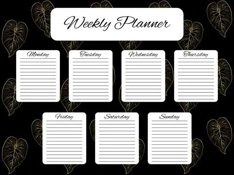 Weekly planner with gold leaf elements on black background. Schedule design.. Stock Illustration