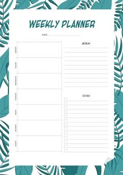 Weekly planner with jungle leaf design. Business and time management. Illustrazione stock