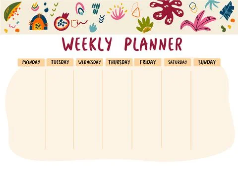 Weekly planner jungle. Planner with abstract and tropical leaves. Template fo Stock Illustration