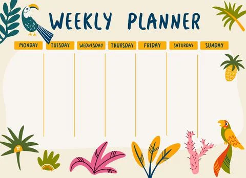 Weekly planner jungle. Planner with parrots and tropical leaves. Template for Illustrazione stock