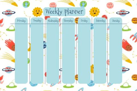 Weekly planner for kids with planets, space elements, rocket, meteorite Illustrazione stock