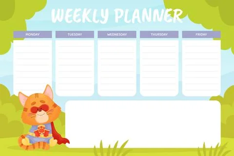 Weekly Planner with Note and Reminder Space with Cat Superhero Vector Template Stock Illustration
