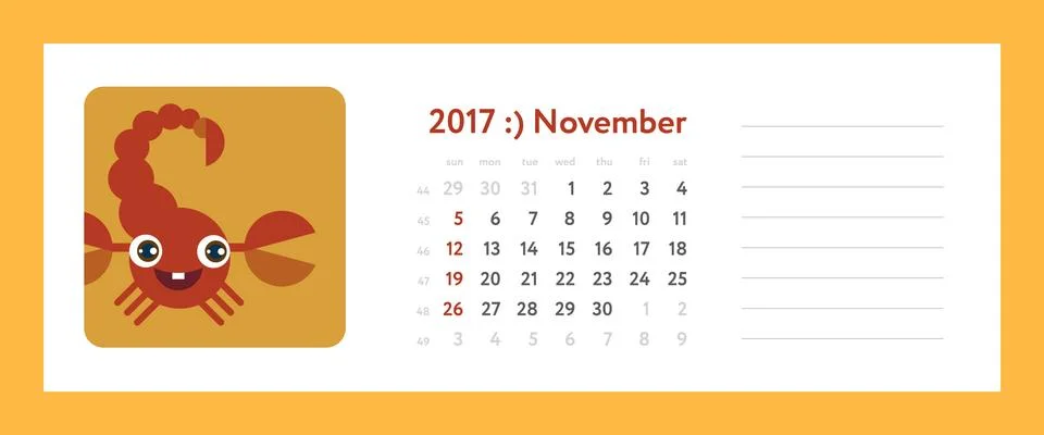 Weekly planner on november 2017 Иллюстрация