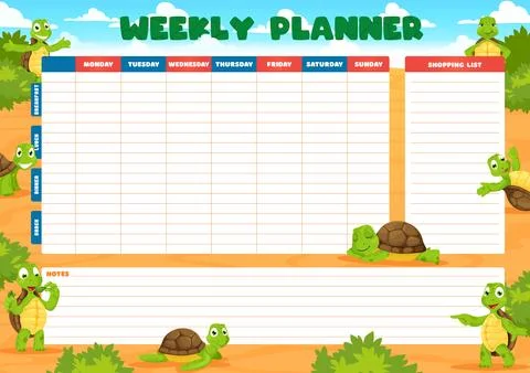 Weekly planner schedule with cartoon funny turtles Stock Illustration