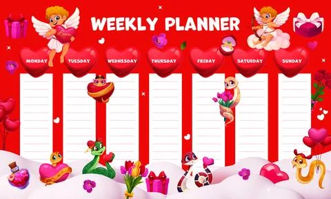 Weekly planner schedule with hearts and cherubs Stock Illustration