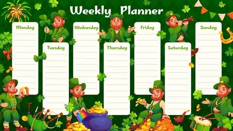 Weekly planner schedule with leprechaun characters 스톡 일러스트