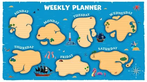 Weekly planner schedule with pirate islands Illustrazione stock