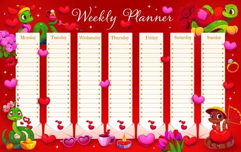 Weekly planner schedule, Valentine Day love hearts Stock Illustration