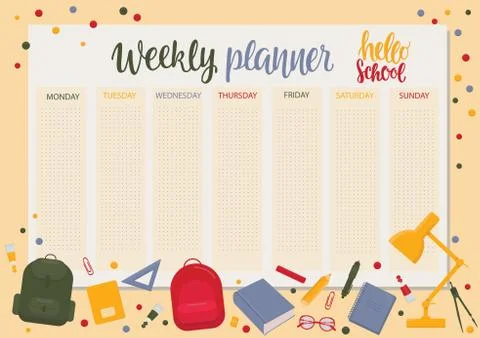 Weekly planner for student - Back to school collection. Ready to print. Vector Stock Illustration