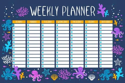 Weekly planner. Summer marine pattern with Octopuses, corals, starfish, algae Stock Illustration