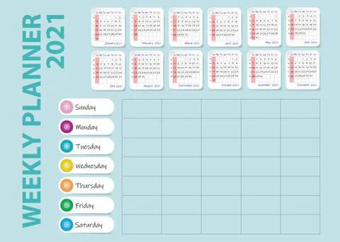 Weekly planner table of 2021 year. Stock Illustration