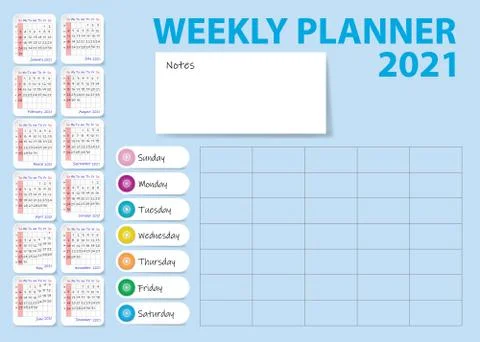 Weekly planner table of 2021 year. Stock Illustration