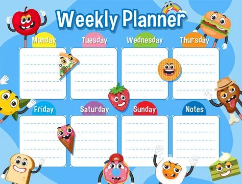 Weekly Planner Table Schedule with Cartoon Character Theme イラスト素材